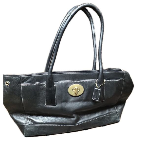 Coach Tote Bag Turn Lock Shoulder Bag Black Leather 2WAY 11554 - Picture 1 of 9